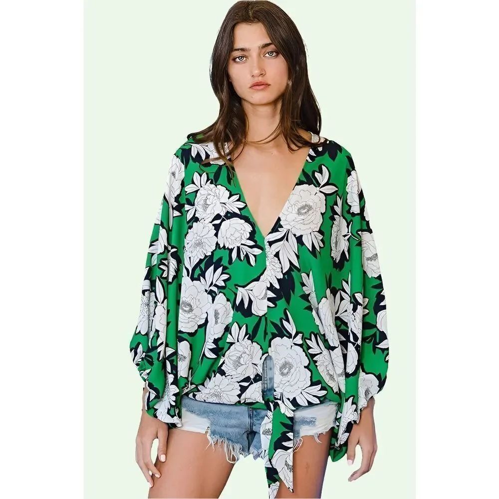 Womens Bucket List Dedra V Neck Tie Floral Print V Neck Blouse Top - Sz M
